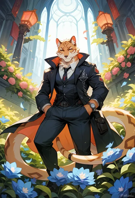 rating_safe, score_9, score_8_up, score_7_up, score_6_up, score_5_up, score_4_up, source_furry, highres, e621(best quality, high resolution, ultra-detailed)silhouett(kemono, furry anthro)holding striking pocket watch, surrounded by flowers, snakes and dark...