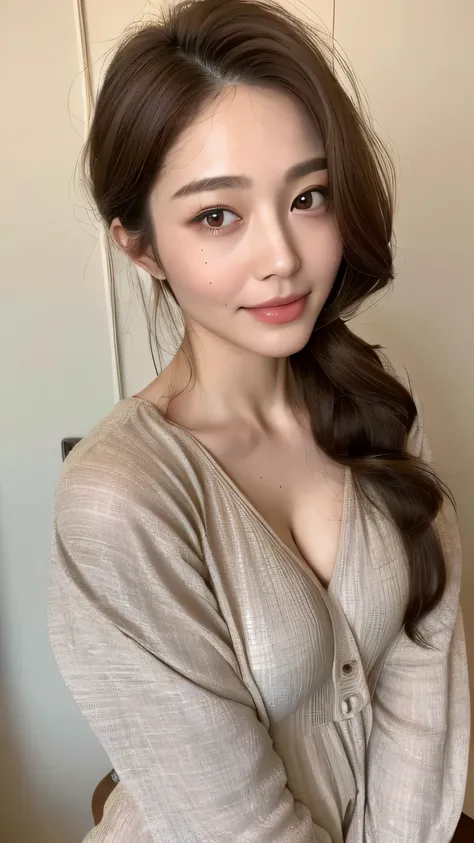 ((Highest quality, 8k, masterpiece: 1.3)), 1 female, Japanese Mature,Sensual beauty: 1.3, (Hair style Brown hair Medium wave, big: 1.2), Nightwear: 1.1, Super Slender Face, Delicate eyes, double eyelid, Dimples,Mole, Home,Plump body, Cleavage, very thick l...