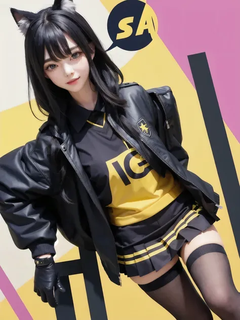 1 super cute black wolf wearing a black and yellow school uniform with a logo with the letter A,coat