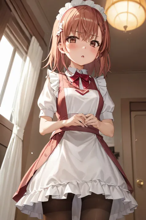 (Highest quality:1.2),  Alone、misaka mikoto、Maid clothes、((pantyhose))、(blush:1.1), Embarrassing, View your viewers、((Photo from below))、