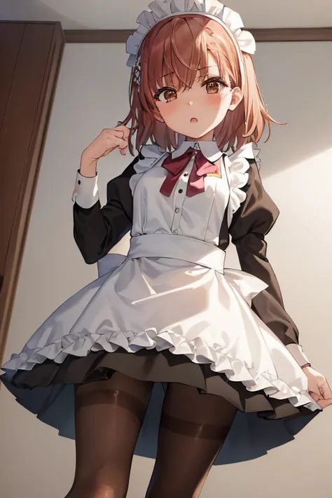 (Highest quality:1.2),  Alone、misaka mikoto、Maid clothes、((pantyhose))、(blush:1.1), Embarrassing, View your viewers、((Photo from below))、sleep