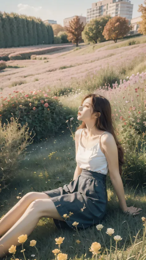 A melancholic autumn scene in a vast flower field,a gentle breeze rustling through the dry grass,fallen leaves scattered among the flowers, a bittersweet atmosphere, a moment of quiet contemplation,1girl,long hair,white_skirt, high-waist_shorts, outfit ,ro...