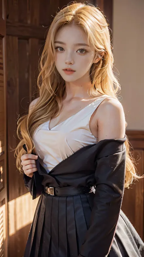 Girl wearing, luxury school uniform, shoulder length hair, wavy hair, expensive hair style, glowing skin, star in eye, red lips, crowded school background, cute poses , blonde hair.