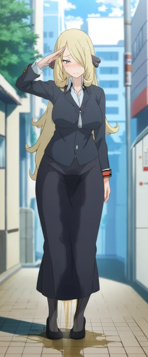 (high quality,Very detailed:1.37, High resolution), 2d, anime, anime style, anime source, Woman, Cynthia (Pokemon), business suit, necktie, (long skirt:1.25), (pencil skirt:1.5), pantyhose, huge breasts, cleavage, looking at viewer, masterpiece, best quali...