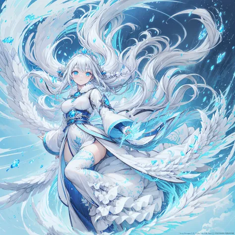 Anime girl with long white hair and blue dress in the snow, White-haired god, White hair floating in the air, Anime fantasy illustration, Flowing white hair, Beautiful young wind elf, Beautiful fantasy anime, Shiny and flowing hair, Ethereal Anime, beautif...