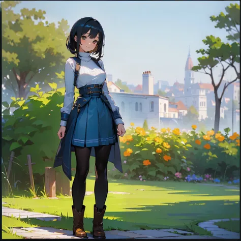 (high quality, High resolution, Very detailed, reality:1.37), Peaceful atmosphere, (Outdoor, garden), Teenage girl standing alone, (my breasts are big.), Beautiful details, Cute Smile, (Black bob hair), Ribbed sweater, Blue Skirt, Black tights, Brown boots...