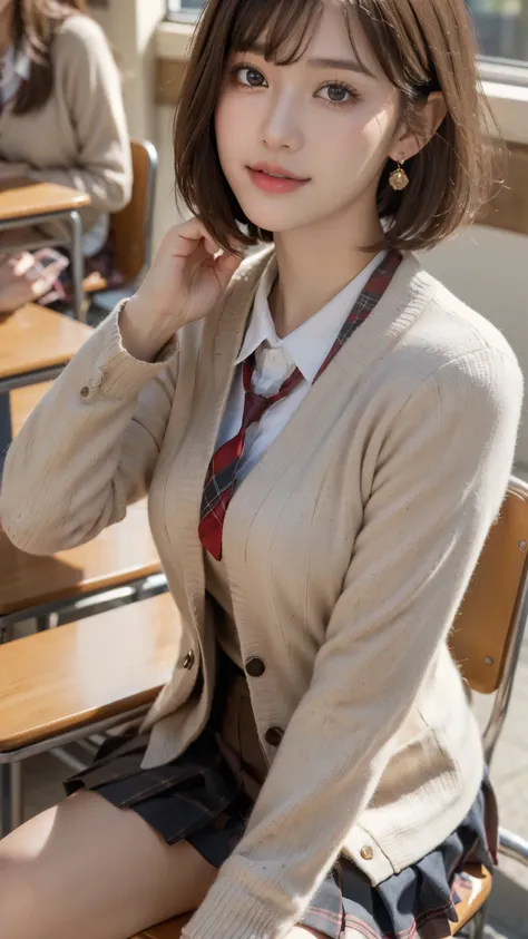 (a beautiful and cute high school girl in a school uniform is sitting in a chair in a high school classroom during lunch break, ...