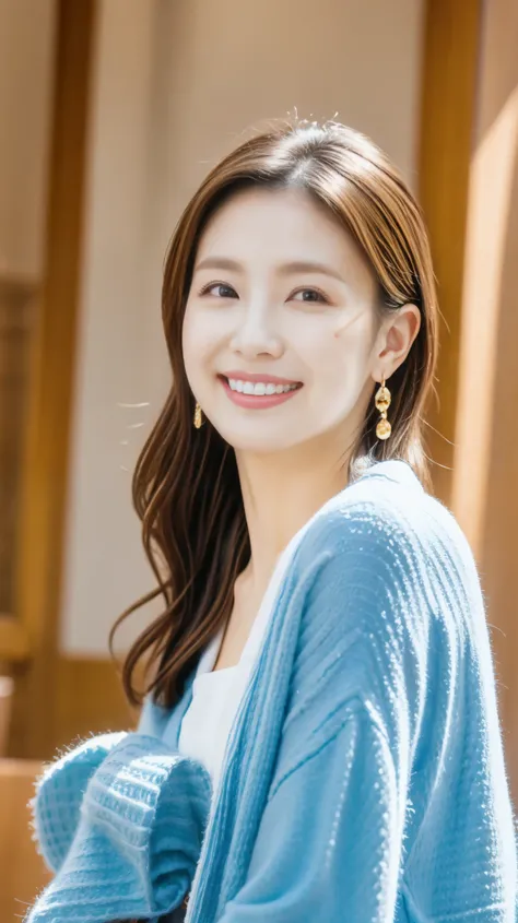 Highest quality,masterpiece,Ultra-high resolution,４５Japan Talented Woman，beautiful，The best smile，whole body，Blue Cardigan，White pants，big ring earrings，