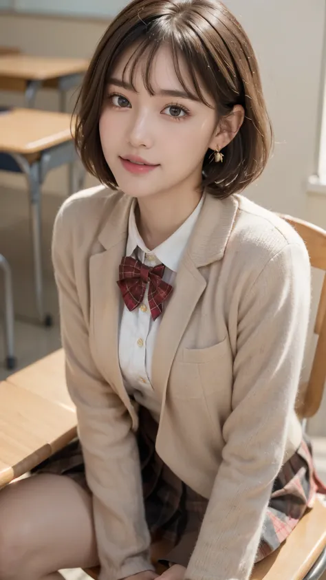 (A beautiful and cute high school girl in a school uniform is sitting in a chair in a high school classroom during lunch break, She is wearing a brown blazer and a plaid pleated skirt as her uniform, with a red ribbon accent around her collar:1.3), 
BREAK ...