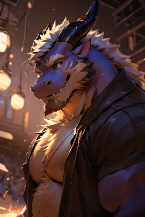 Dragon, Male, Solo, Avoiding eye contact with viewer, handsome face, hair, horn, detailed eyes, detailed face, Multi-colored body, correct face, Middle-aged, Sexy, Beefcake, Daddy, masculine, (Realistic Shadows, Depth of Field, Wide Field of View, Lens Fla...