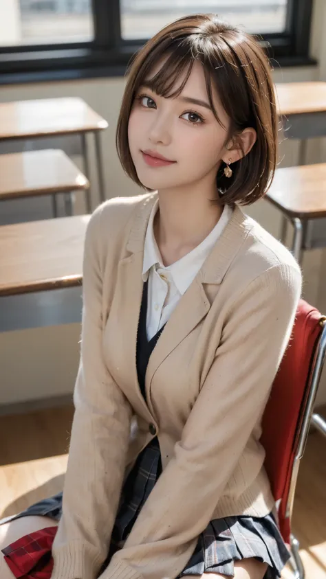 (a beautiful and cute high school girl in a school uniform is sitting in a chair in a high school classroom during lunch break, ...