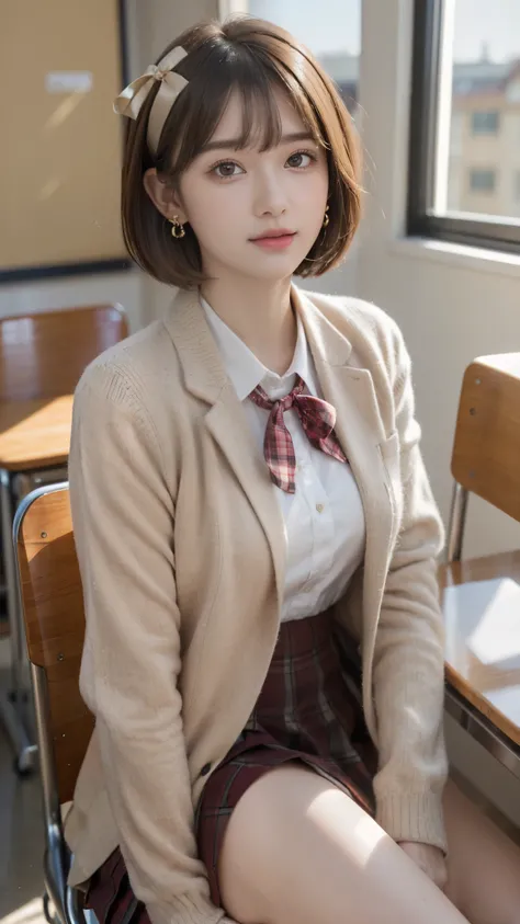 (A beautiful and cute high school girl in a school uniform is sitting in a chair in a high school classroom during lunch break, She is wearing a blazer and a plaid pleated skirt as her uniform, with a red ribbon accent around her collar:1.3), 
BREAK 
(Phot...