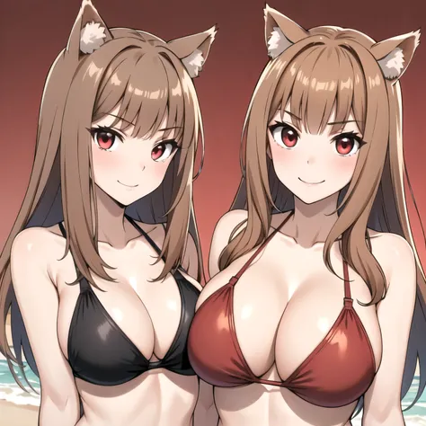 HOLO woman,  1 girl, by the wide, Brown hair, animal ears, Red eyes, big breasts , brown bikini, mischievous smile, red face background a sunny beach.
