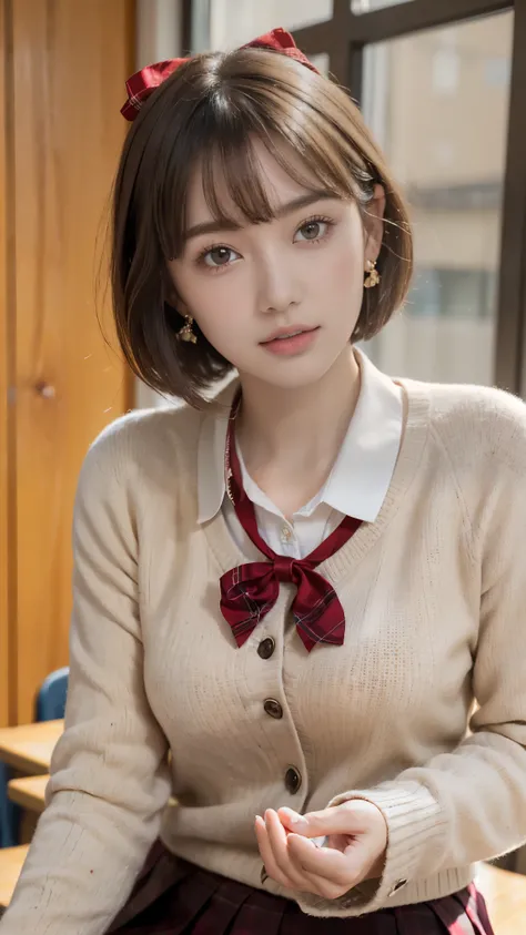 (A beautiful and cute high school girl in a school uniform is in a high school classroom during lunch break, She is wearing a blazer and a plaid pleated skirt as her uniform, with a red ribbon accent around her collar:1.3), 
BREAK 
(Photorealistic, 32k, RA...