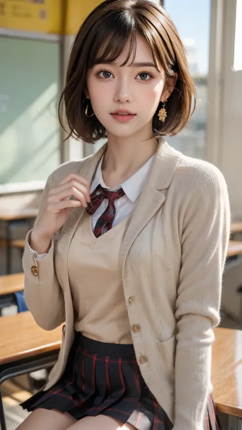 (A beautiful and cute high school girl in a school uniform is in a high school classroom during lunch break, She is wearing a blazer and a plaid pleated skirt as her uniform, with a red ribbon accent around her collar:1.3), 
BREAK 
(Photorealistic, 32k, RA...