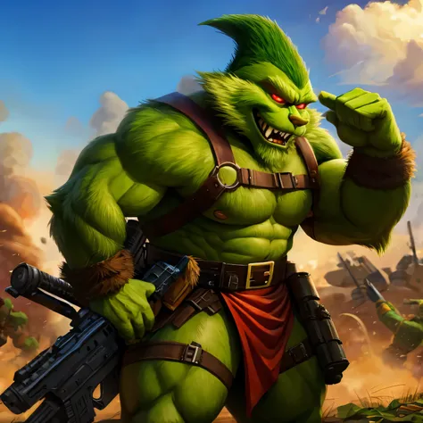 A heavily armed Grinch on the battlefield