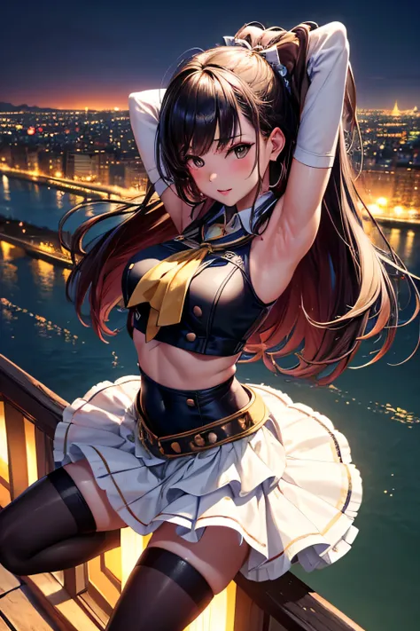 Masterpiace, high quality, ultra detail, woman, crop top, latina, long hair, skirt, stockings, from above, cinematic lighting, city ligths, river, bokeh, ship, sexy posture, Place one hand behind your head., armpit, Lift up your skirt and reveal your panti...