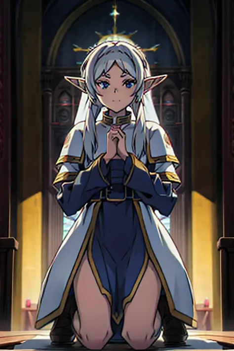 freeze, [elf ears, kneeling in front of the church , 8k image quality ,