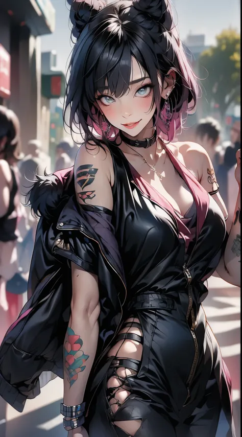 masterpiece, Best Quality, pixiv, cool girl, many piercings, earrings, tattoos, black fur, pink dip dyed hair, grey eyes
