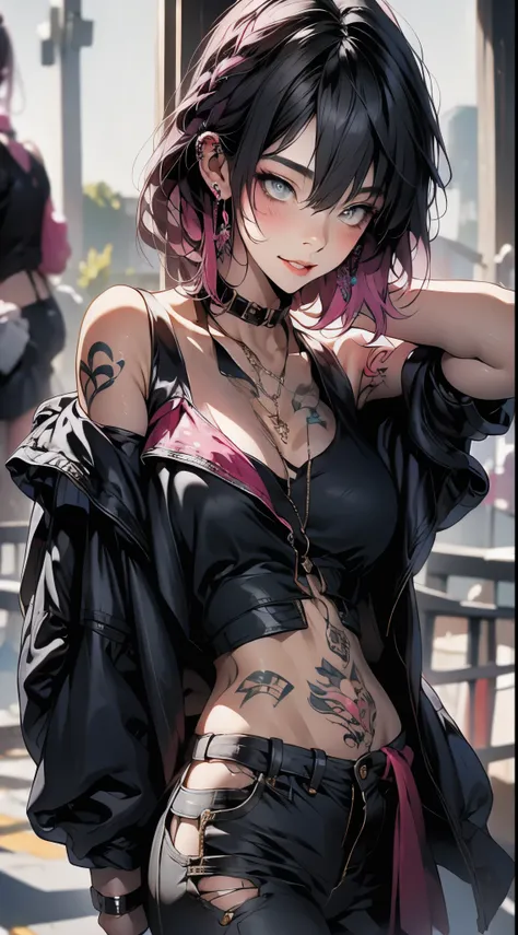 masterpiece, best quality, pixiv, cool girl, many piercings, earrings, tattoos, black fur, pink dip dyed hair, grey eyes