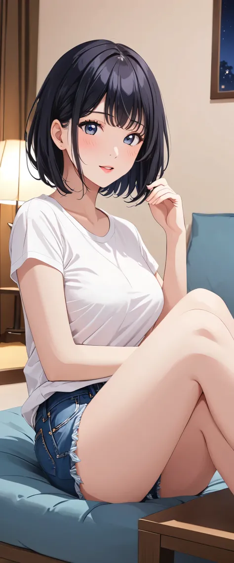 2 woman、Beautiful black hair、short hair、T-Shirts、(Denim shorts)、Beautiful breasts、blush、((simple))、(Living room at night)