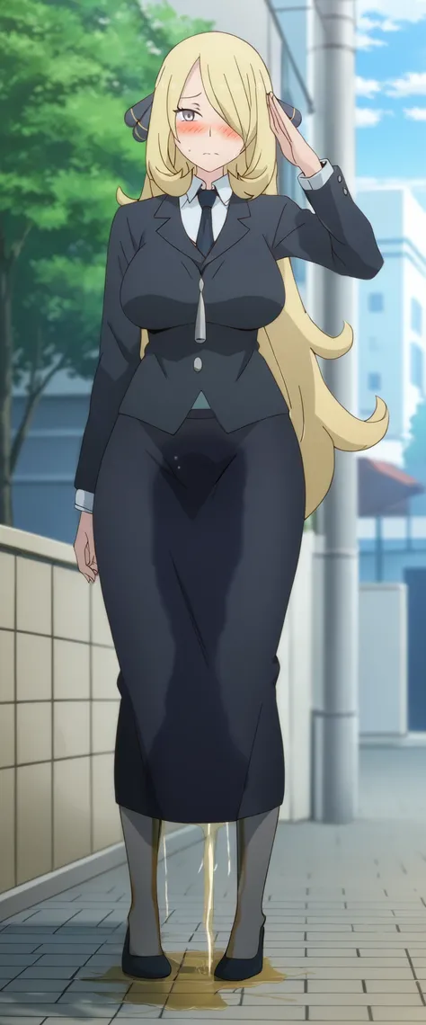 (high quality,Very detailed:1.37, High resolution), 2d, anime, anime style, anime source, Woman, Cynthia (Pokemon), business suit, necktie, (long skirt:1.25), (pencil skirt:1.5), pantyhose, huge breasts, cleavage, looking at viewer, masterpiece, best quali...