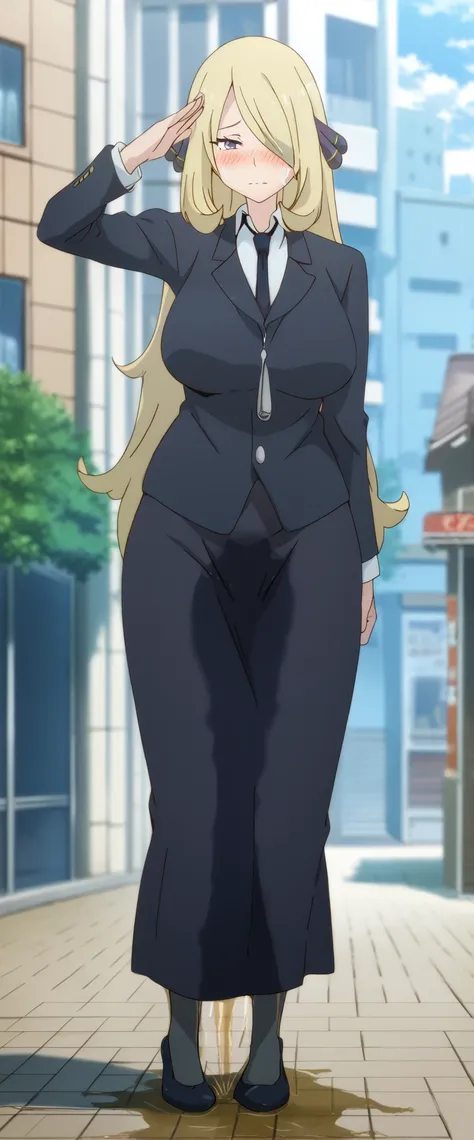 (high quality,Very detailed:1.37, High resolution), 2d, anime, anime style, anime source, Woman, Cynthia (Pokemon), business suit, necktie, (long skirt:1.25), (pencil skirt:1.5), pantyhose, huge breasts, cleavage, looking at viewer, masterpiece, best quali...