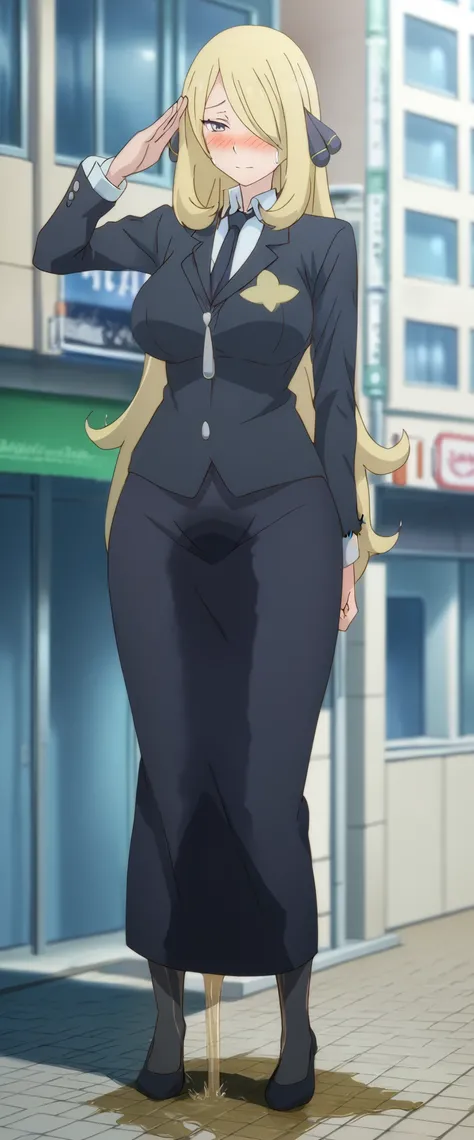 (high quality,Very detailed:1.37, High resolution), 2d, anime, anime style, anime source, Woman, Cynthia (Pokemon), business suit, necktie, (long skirt:1.25), (pencil skirt:1.5), pantyhose, huge breasts, cleavage, looking at viewer, masterpiece, best quali...
