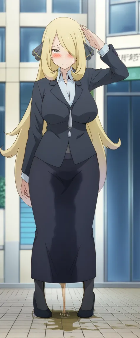 (high quality,Very detailed:1.37, High resolution), 2d, anime, anime style, anime source, Woman, Cynthia (Pokemon), business suit, necktie, (long skirt:1.25), (pencil skirt:1.5), pantyhose, huge breasts, cleavage, looking at viewer, masterpiece, best quali...