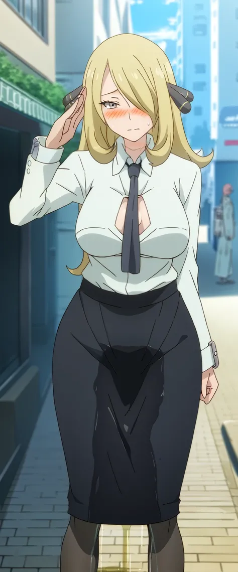 (high quality,Very detailed:1.37, High resolution), 2d, anime, anime style, anime source, Woman, Cynthia (Pokemon), business suit, necktie, (long skirt:1.25), (pencil skirt:1.5), pantyhose, huge breasts, cleavage, looking at viewer, masterpiece, best quali...