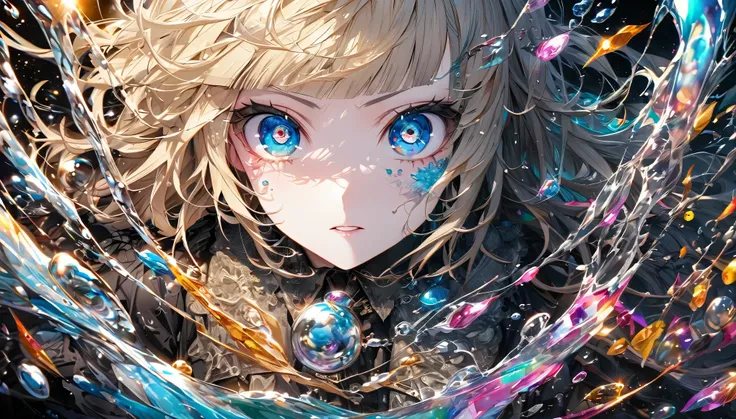 dynamic、Sharp Eyes、magic circle、Water Magic、Gothic punk,Black costume。Sharp Eyes、Super detailed, 8k, Glass, Water in a Glass, Glass Crystals, bubble, Right blue water, nice, bright、Splash、Blond hair with blunt bangs and messy hair、witch、Characters、ゴシック パンク...