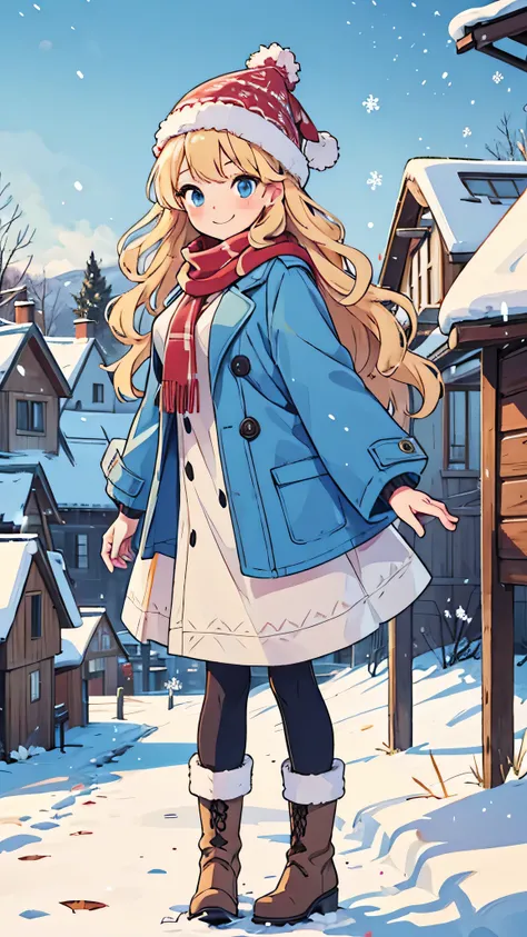 a woman in a snowy village, modest breasts, winter coat, long winter dress, winter hat, scarf, winter boots, wavy blonde hair, blue eyes, warm smile