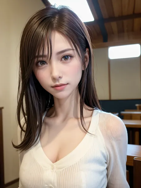 natta, Raw photography, (((Very beautiful portrait))), ((glistning skin)), 1girl in, Sexy 2 girl, Cafe Clerk、((Sauvages natural brown hair)), Gentle smile staring at the camera, ((​masterpiece, top-quality, ultra-detailliert, ciinematic light, intricate de...