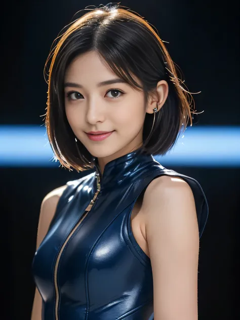 (masterpiece、Highest quality、Highest Resolution、clear_image、More details): (Full body portrait、、Japanese face、Small face、thin、Navy blue super short bob cut hair、Blue colored eyes、Blue and black shiny pilot suit、Armor to protect the chest、Tight-fitting clot...