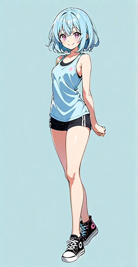 Short light blue hair, slanted eyes, small breasts pink eyes,Simple Background, Standing Smiling, Adult tank top full body