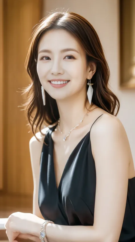 Highest quality,masterpiece,Ultra-high resolution,45Old Japanese woman,beautiful,The best smile,Slender figure,Gorgeous black dress,Flashy makeup with red eyeshadow,High heels,Curly Hair,Large ring earrings,Gorgeous Necklace,