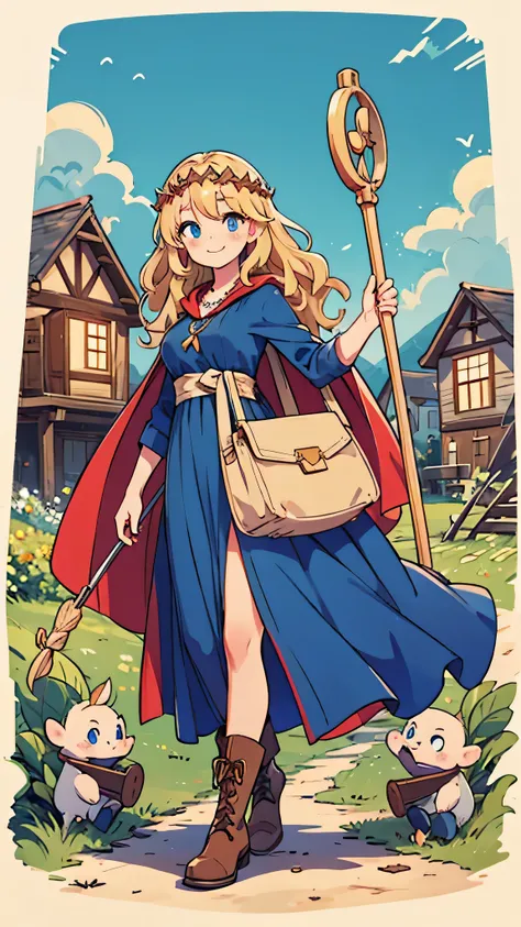 a woman in a village, modest breasts, wavy blonde hair, blue eyes, smile, red cape, long dress with slit, brown boots, necklace, simple wooden cane, circlet