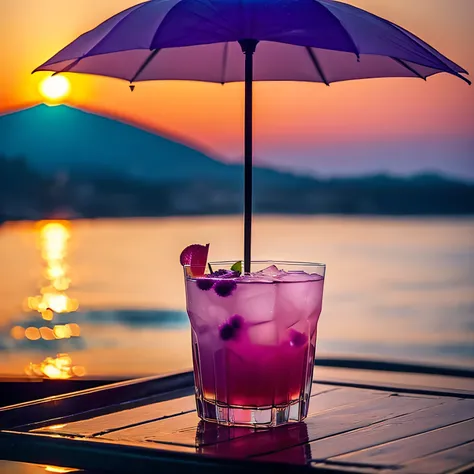 Create captivating designs that blend in with the beauty of a tropical sunset, The tranquility of the sea, and、The allure of purple tropical juice. What is your job??、The goal is to create an image that evokes tranquility and a longing for a tropical escap...