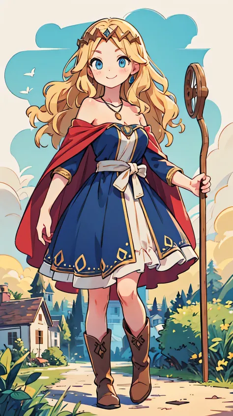 a woman in a village, modest breasts, wavy blonde hair, blue eyes, smile, red cape, long strapless dress, brown boots, necklace, simple wooden cane, circlet