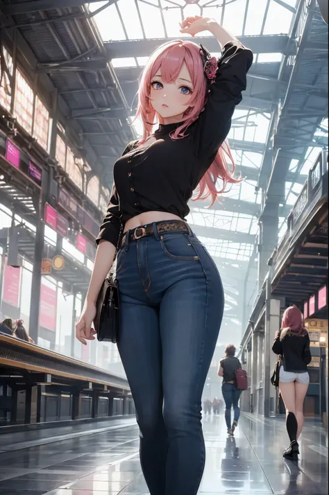 (masterpiece), (best quality), (Highres), Detailed, (Inricate Details 1.2), (Hyper Detailed 1.4), (Ornate Digital Art 1.2), absurdres, 1girl, small breasts, ass, hair ornaments, solo, pink hair, (black shirt:1.3), jeans, (train station:1.2) running, thighs...