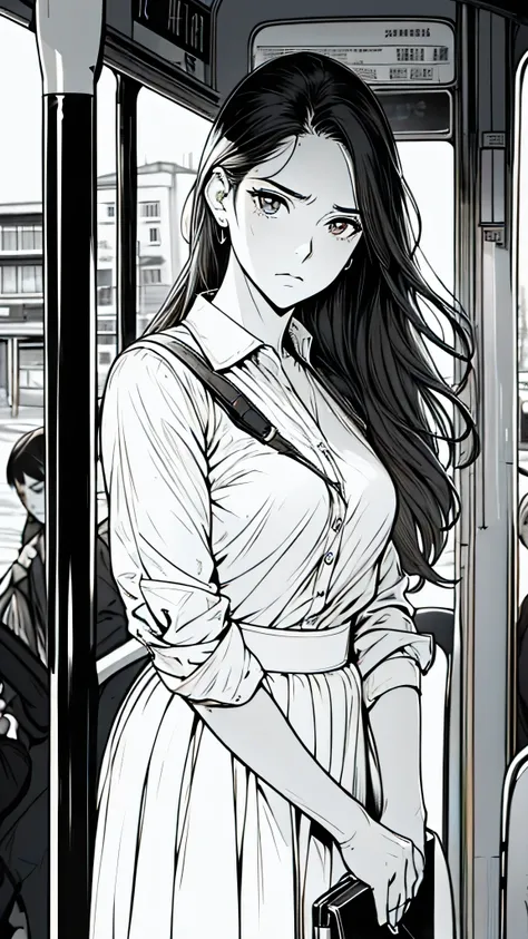 (ridiculous, High resolution, super detailed), masterpiece, best quality, 1 female，whole body，long hair, shirt，long skirt, Soft Face Features，look up，briefcase，angry expression. Bus stop in the background.