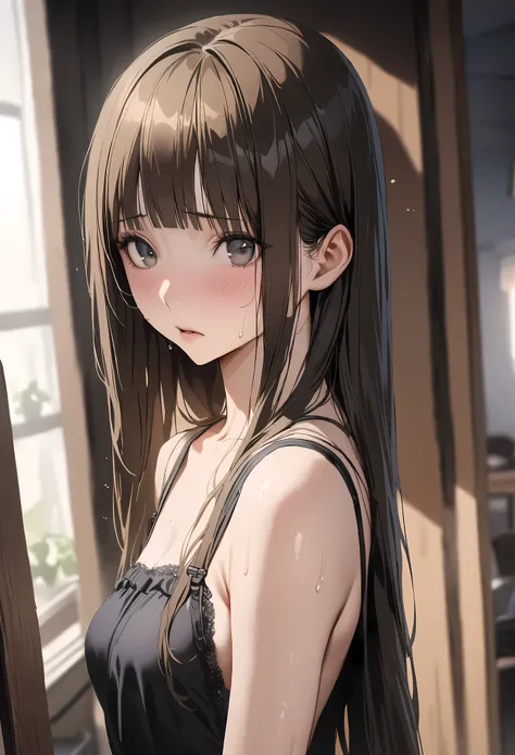 ((masterpiece,best quality anime,Highest quality:1.3)),realistic,cowboy shot,portrait,1 mature beautiful woman,solo,((very small head:1.4)),((very long body:1.4)),straight long hair,dark brown hair,bangs,(gorgeous cute eyes),gray eyes,shy,((slender body:1....