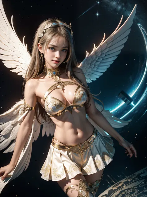 Cyborg, Girl, Beautiful girl, Cute, Sexy, Strong, Slender, Delicate, Smile, (Lolita costume), High legs, Metallic, ultra color, paisley, mandalas, Near future, Heaven, angel, feater, wing, Helix lamp, (The wings are symmetrically paired;1.5),
