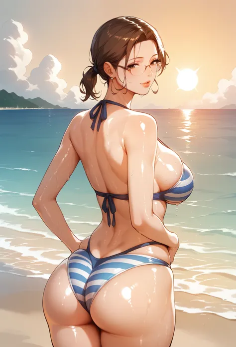 score_9, score_8_up, score_7_up, score_6_up, score_5_up, score_4_up, nari, brown hair, short ponytail, hair slicked back, masterpiece, best quality, ultra-detailed, higres, 1girl, solo, mature female, beautiful face, sun glasses, from behind, looking back,...