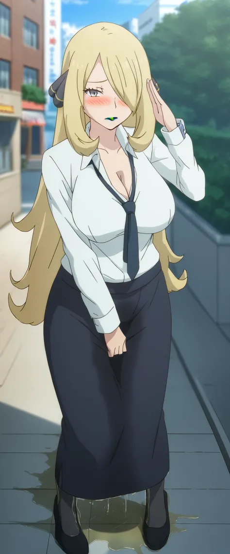 (high quality,Very detailed:1.37, High resolution), 2d, anime, anime style, anime source, Woman, Cynthia (Pokemon), business suit, necktie, (long skirt:1.25), (pencil skirt:1.5), pantyhose, huge breasts, cleavage, looking at viewer, masterpiece, best quali...