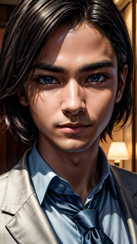 An absurd resolution, High resolution, (masterpiece: 1.4), Super detailed, ((Young man with short, neatly tidy black hair)), ((In a suit, Blue tie))､Happy expression, (In a luxury hotel lobby), Tech Sense Screen, a spartan solisier invaising a brazilian de...