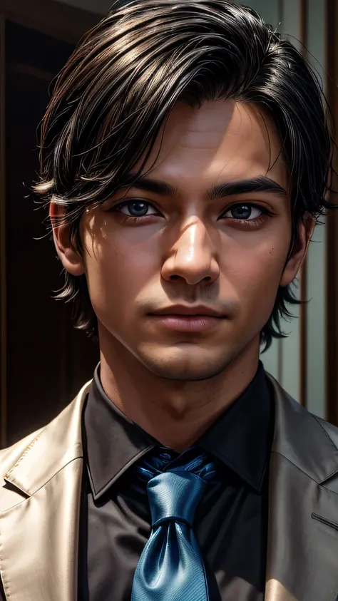 An absurd resolution, High resolution, (masterpiece: 1.4), Super detailed, ((Young man with short, neatly tidy black hair)), ((In a suit, Blue tie))､Happy expression, (In a luxury hotel lobby), Tech Sense Screen, a spartan solisier invaising a brazilian de...
