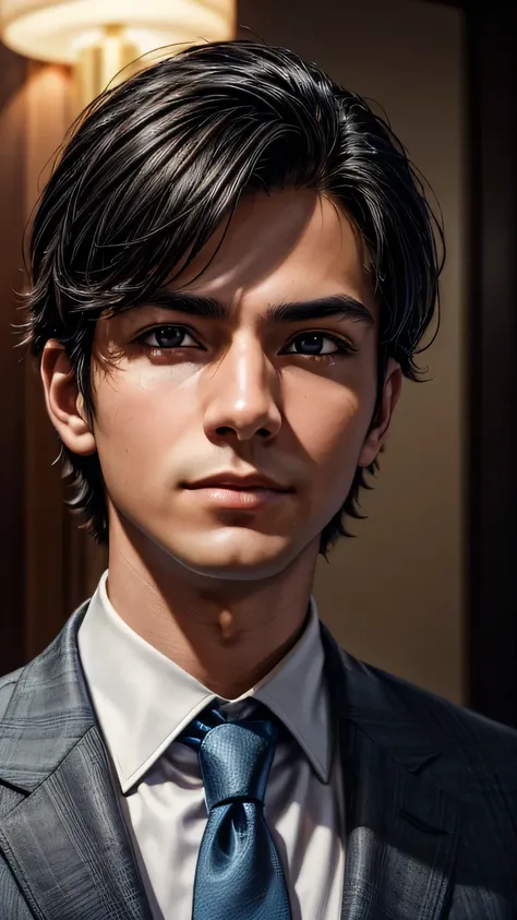 An absurd resolution, High resolution, (masterpiece: 1.4), Super detailed, ((Young man with short, neatly tidy black hair)), ((In a suit, Blue tie))､Happy expression, (In a luxury hotel lobby), Tech Sense Screen, a spartan solisier invaising a brazilian de...