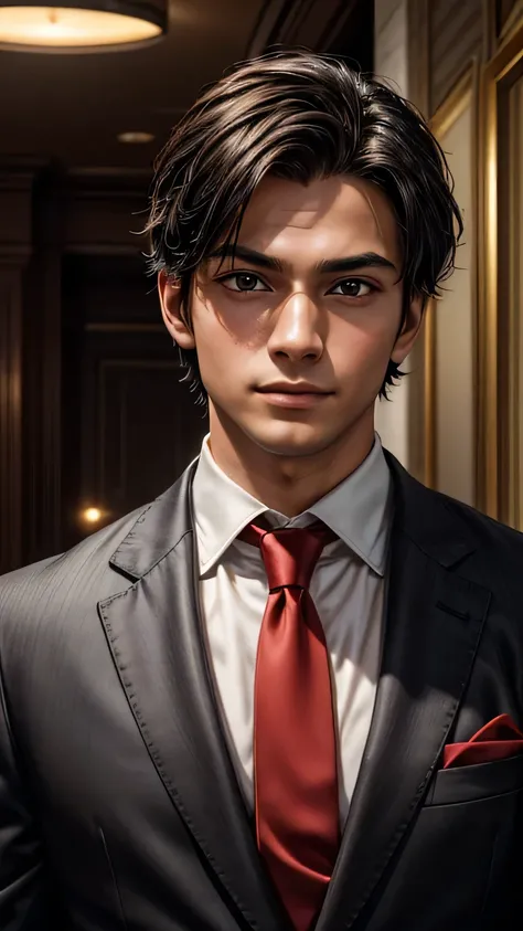 An absurd resolution, High resolution, (masterpiece: 1.4), Super detailed, ((Young man with short, neatly tidy black hair)), ((In a suit, Red tie))､Happy expression, (In a luxury hotel lobby), Tech Sense Screen, a spartan solisier invaising a brazilian deb...