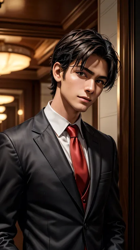 An absurd resolution, High resolution, (masterpiece: 1.4), Super detailed, ((Young man with short, neatly tidy black hair)), ((In a suit, Red tie))､Happy expression, (In a luxury hotel lobby), Tech Sense Screen, a spartan solisier invaising a brazilian deb...
